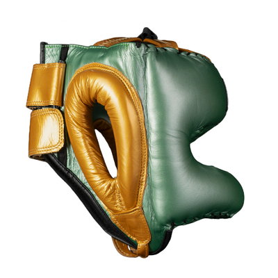 cleto-reyes-protector-de-cabeza-tradicional-en-piel-de-res-verde-met-lico-dorado image 2