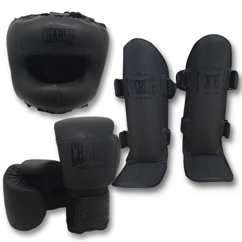 charlie-boxing-pack-m-full-kick-old-grey-guantes-espinillera-y-casco image 1