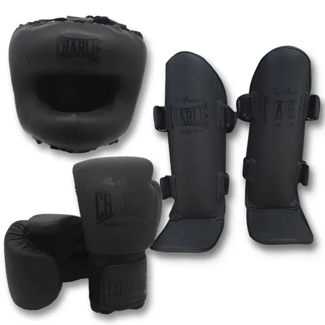 charlie-boxing-pack-m-full-kick-old-grey-guantes-espinillera-y-casco image 1
